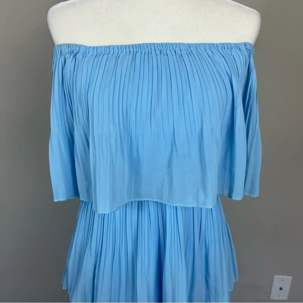 OFF THE SHOULDER TIERED PLEATED MIDI CHIFFON DRESS IN LIGHT BLUE SIZE MEDIUM - Picture 8 of 16